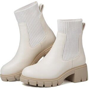Women's Chelsea Platform Off White Ankle Boots Stylish Comfortable Slip On Shoes